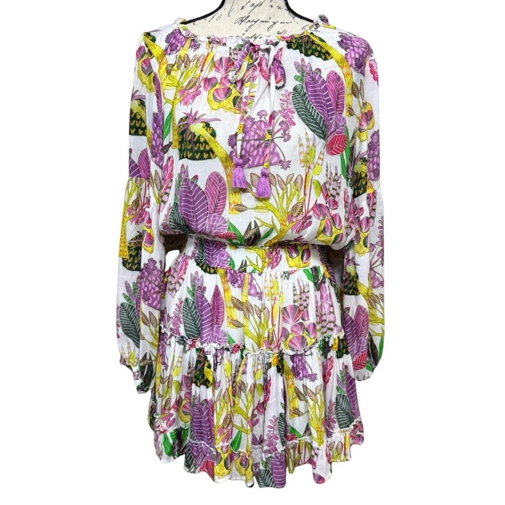OLIPHANT Smocked Waist Short Dress Size L Bold Floral Long Sleeve Tassel Tie